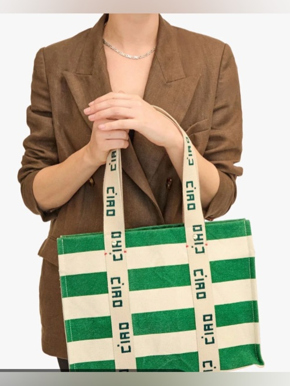 Clare V. Noemie Ciao Tote 
Striped Canvas Tote Bag - Green and Cream NWT